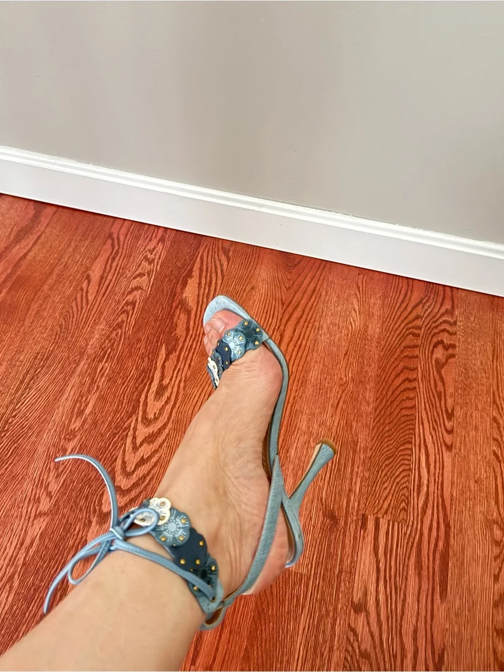 Coach Light Blue Denim Floral Appliqué High Heel Sandals